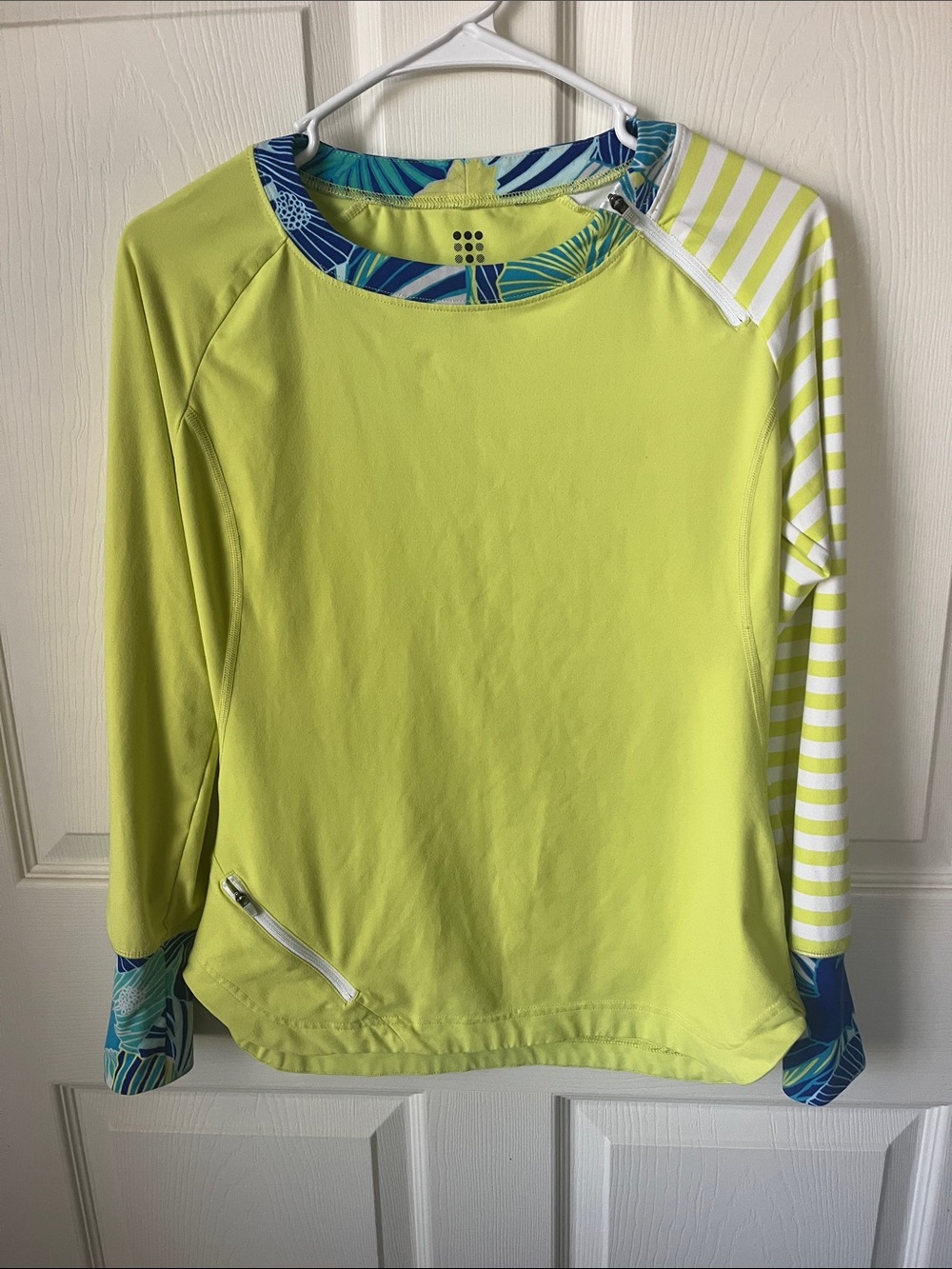 Title Nine Lime Green Sun Shirt with Blue Tropical Accents